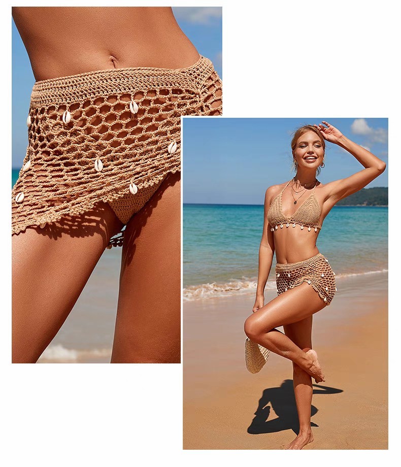 Summer casual draw rope hollow knit seaside vacation sexy hand hook shell beach bikini skirt cover skirt