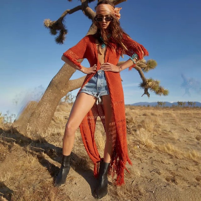 Knitted fringe beach smock sexy cardigan hollowed-out holiday long skirt bikini smock