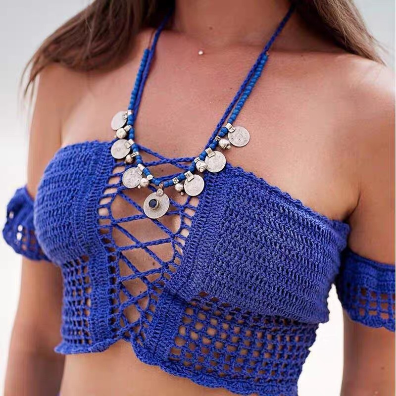 New Boho Resort Spa Beach solid color knit bikini front and back swimsuit tops