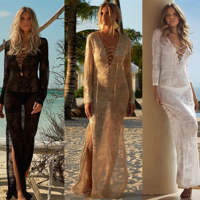 Knitted Sun protection beach party dress long skirt sexy lace-up beach dress lady