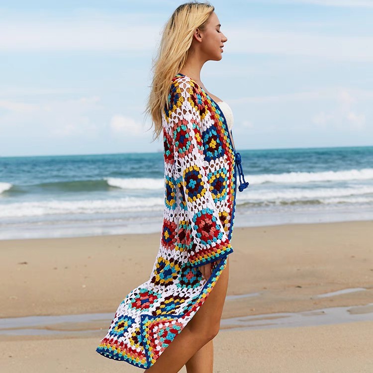 Vacation Color Long long sleeve Cardigan dress Stretch crochet beach coat Hollow party bikini smock