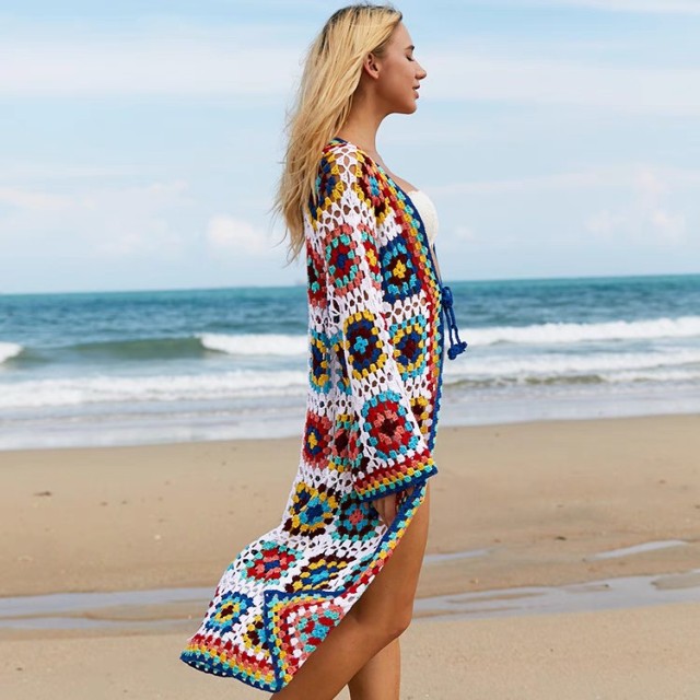 Vacation Color Long long sleeve Cardigan dress Stretch crochet beach coat Hollow party bikini smock