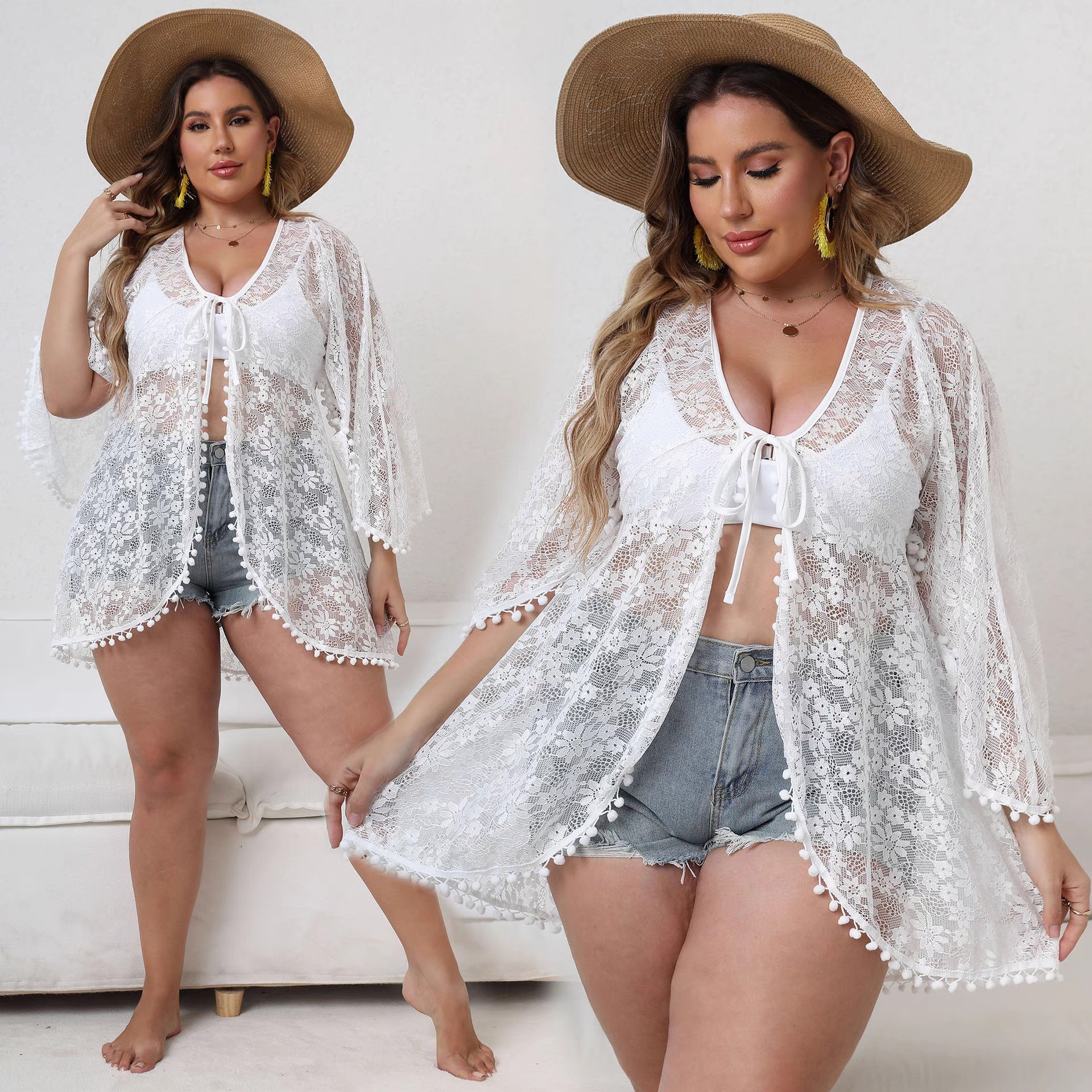 Hot spring beach sexy see-through lace shirt with sun protection coat plus size swimsuit bikini outside cardigan
