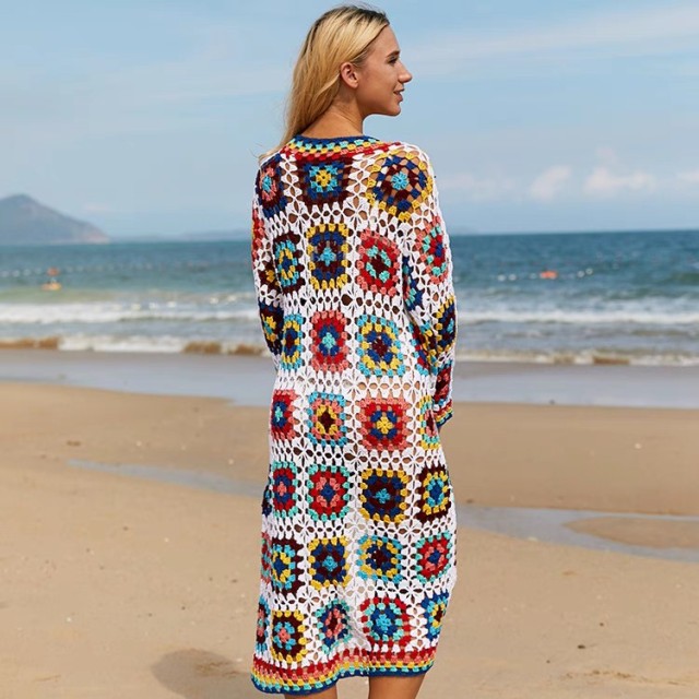 Vacation Color Long long sleeve Cardigan dress Stretch crochet beach coat Hollow party bikini smock