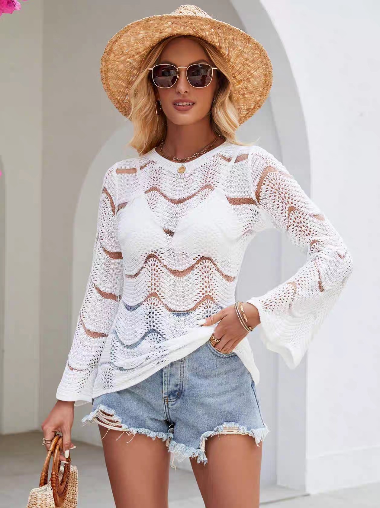 Crew-neck thin striped sexy hollow-out long sleeve sunblock knit bikini smock