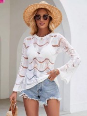 Crew-neck thin striped sexy hollow-out long sleeve sunblock knit bikini smock