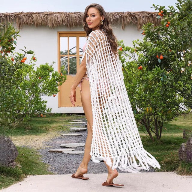 Knitted fringe beach smock sexy hollowed-out holiday long skirt cardigan bikini smock