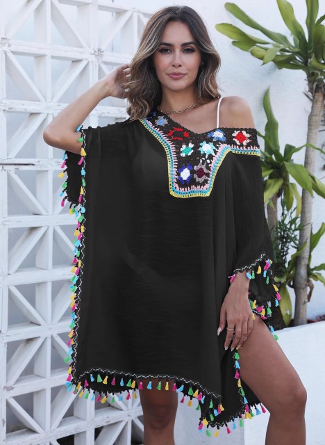 Knitted patchwork hook floral color suntan beach bikini smock dress