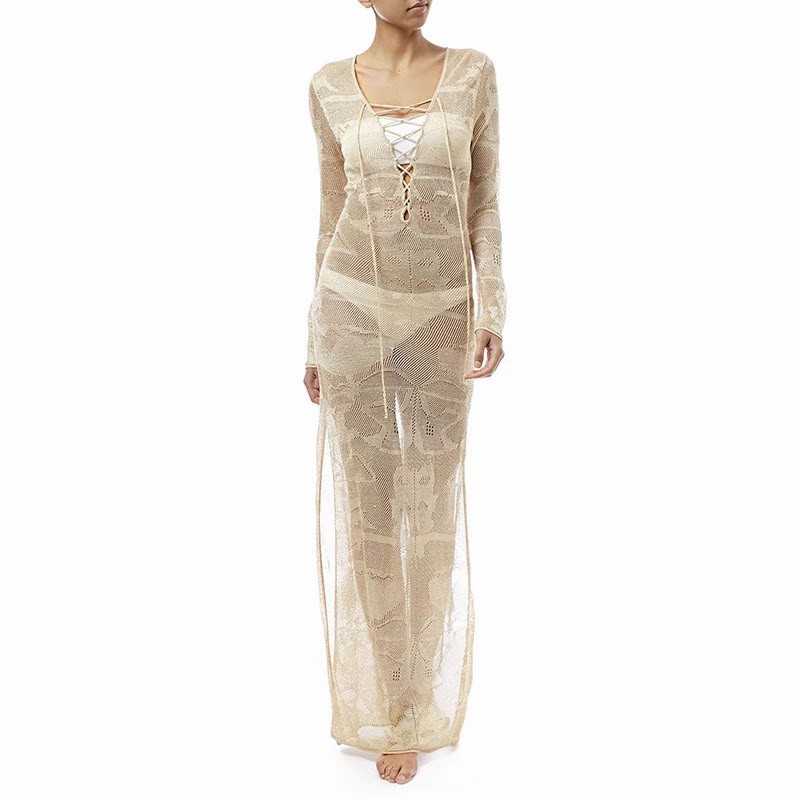 Knitted Sun protection beach party dress long skirt sexy lace-up beach dress lady