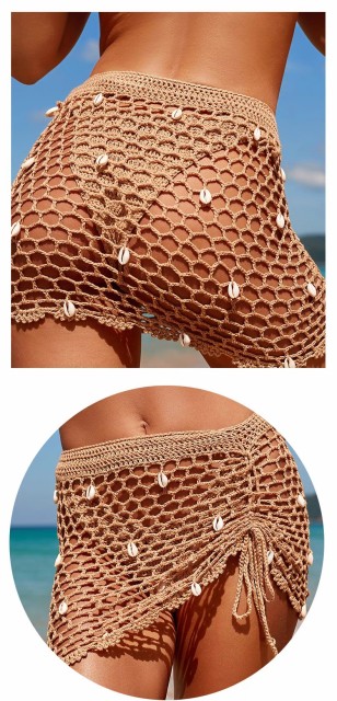 Summer casual draw rope hollow knit seaside vacation sexy hand hook shell beach bikini skirt cover skirt