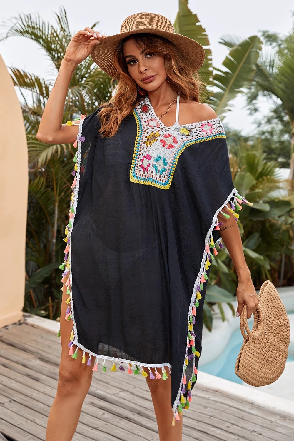 Knitted patchwork hook floral color suntan beach bikini smock dress