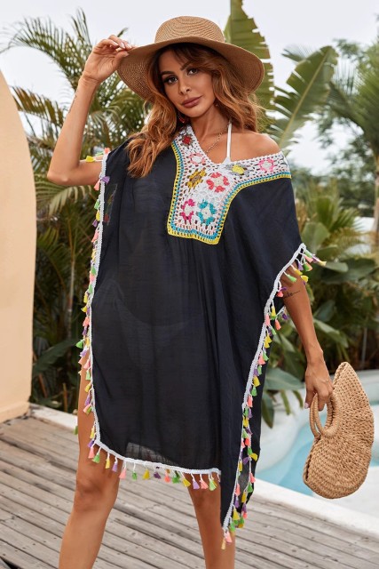 Knitted patchwork hook floral color suntan beach bikini smock dress