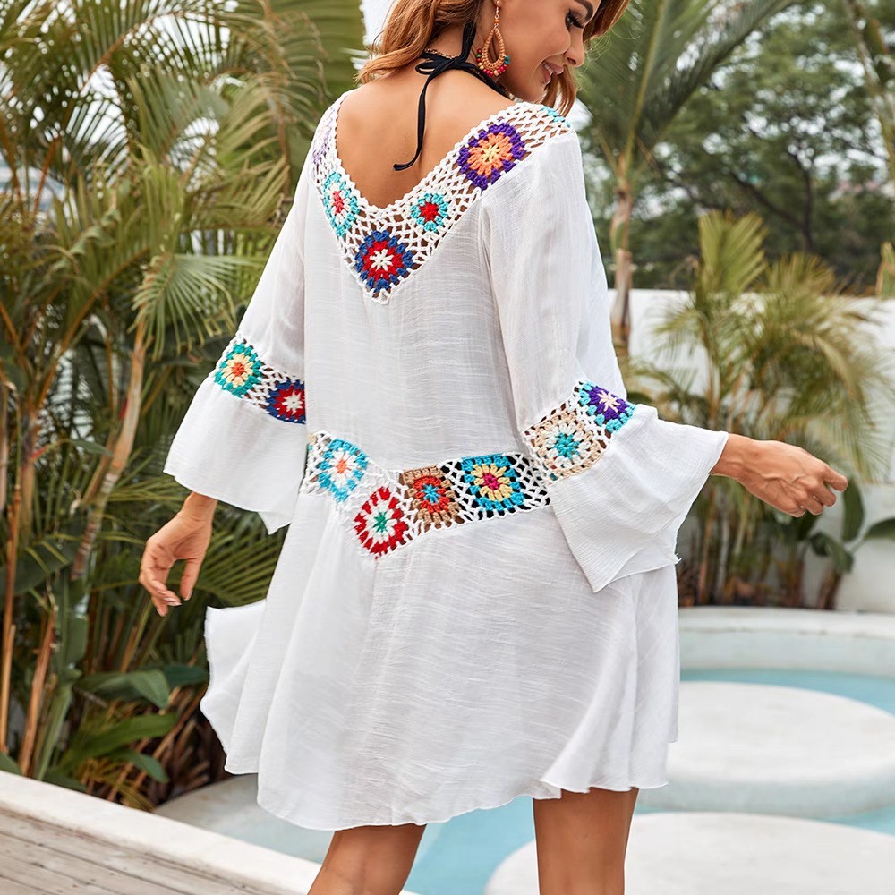 National style fashion hook flower bathing suit sun hot spring vacation mid-sleeve see-through bikini beach skirt smock