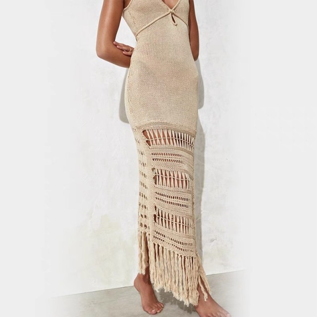 Bikini cover skirt Solid color women's halter knitted cutout waist fringe MIDI dress swimsuit cover skirt