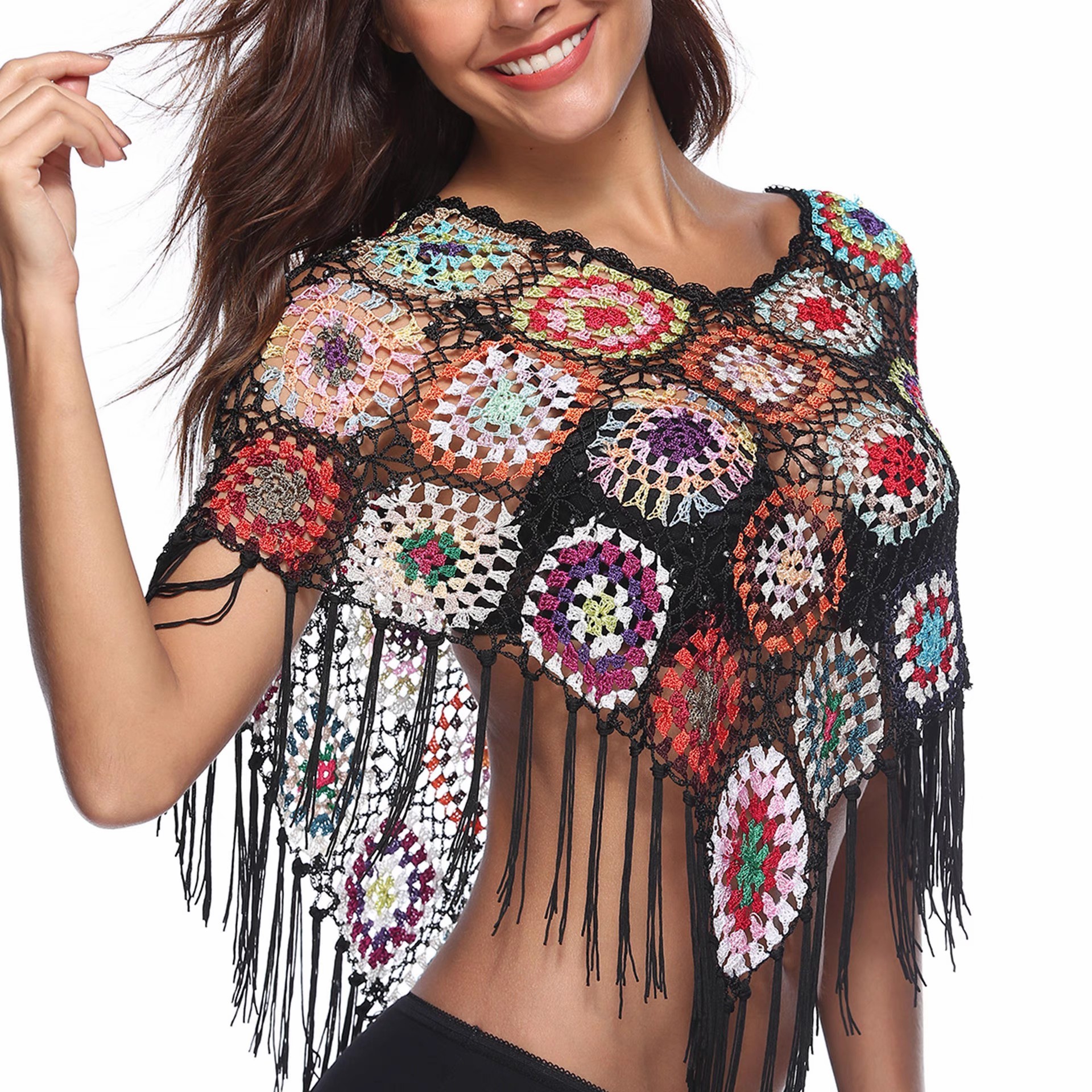 Seaside knitted patchwork fringe flower block beach swimsuit with all-in-one triangle scarf top bikini smock