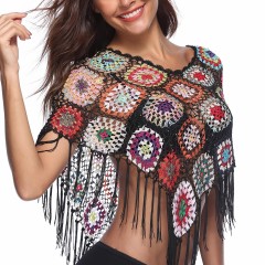Seaside knitted patchwork fringe flower block beach swimsuit with all-in-one triangle scarf top bikini smock