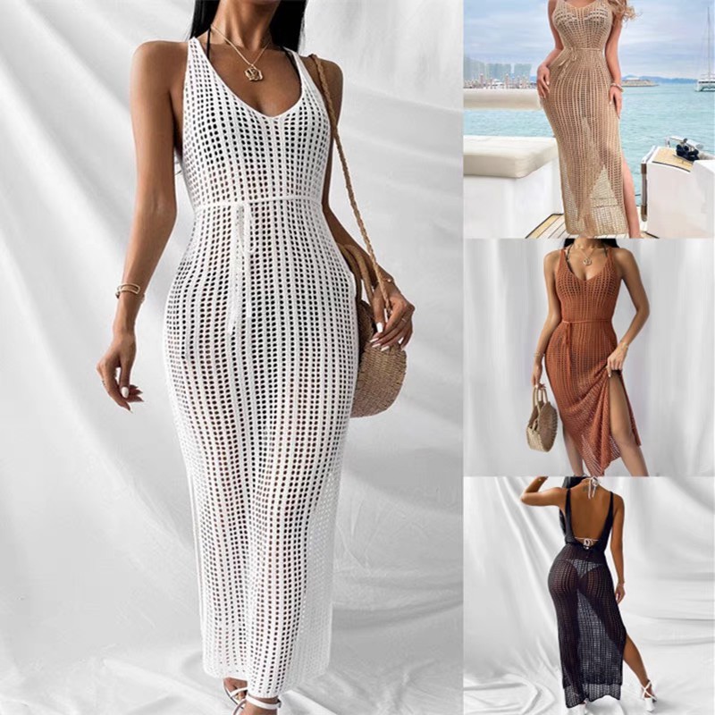 Knitted wispy backless beach smock sexy vacation dress sunblock bikini smock