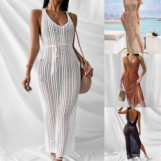 Knitted wispy backless beach smock sexy vacation dress sunblock bikini smock