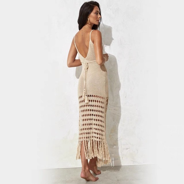 Bikini cover skirt Solid color women's halter knitted cutout waist fringe MIDI dress swimsuit cover skirt