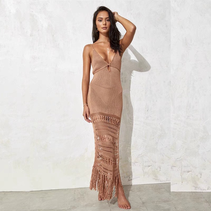 Bikini cover skirt Solid color women's halter knitted cutout waist fringe MIDI dress swimsuit cover skirt