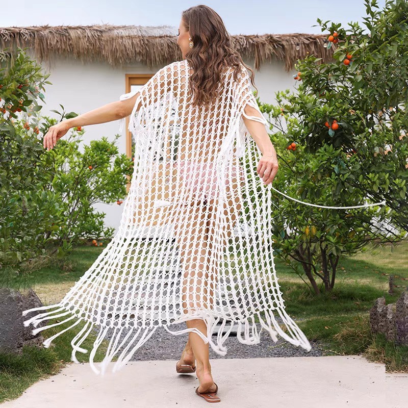 Knitted fringe beach smock sexy hollowed-out holiday long skirt cardigan bikini smock