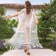 Knitted fringe beach smock sexy hollowed-out holiday long skirt cardigan bikini smock