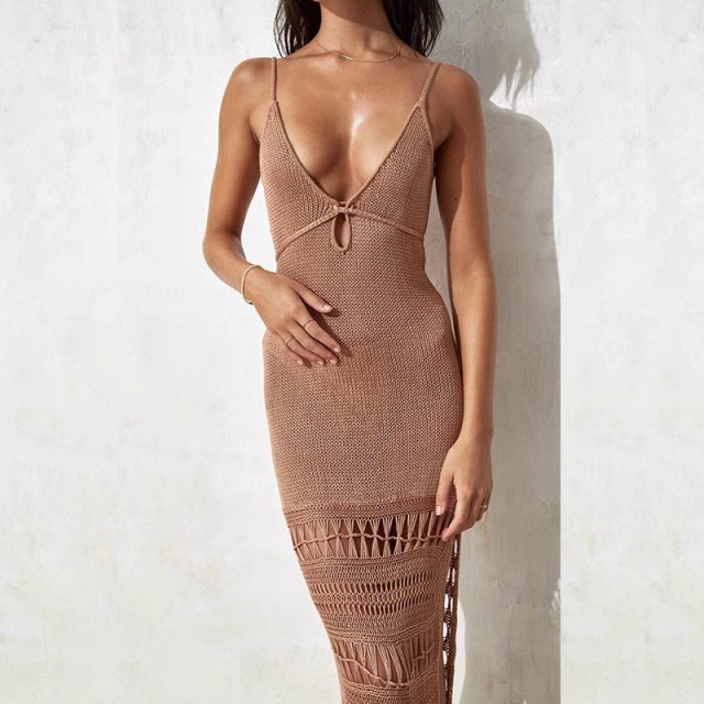 Bikini cover skirt Solid color women's halter knitted cutout waist fringe MIDI dress swimsuit cover skirt