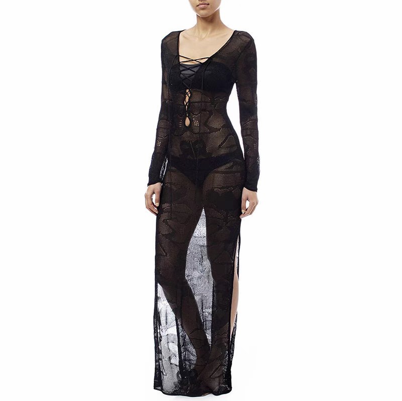 Knitted Sun protection beach party dress long skirt sexy lace-up beach dress lady