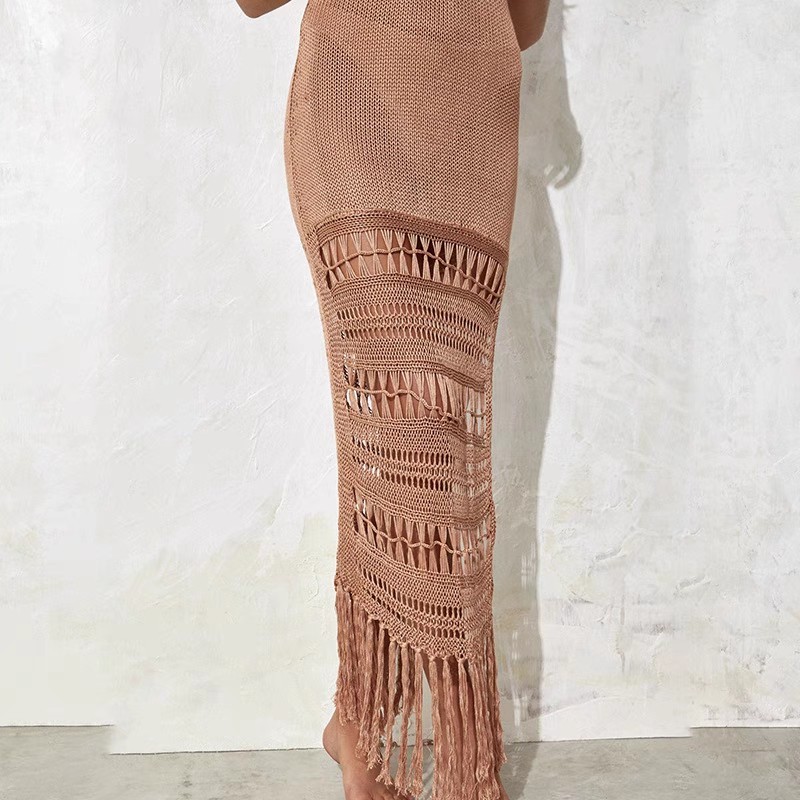 Bikini cover skirt Solid color women's halter knitted cutout waist fringe MIDI dress swimsuit cover skirt