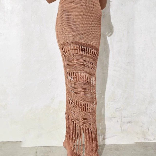 Bikini cover skirt Solid color women's halter knitted cutout waist fringe MIDI dress swimsuit cover skirt