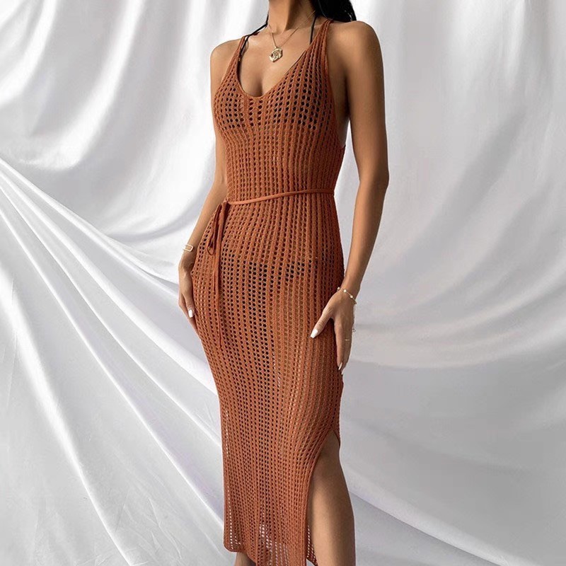 Knitted wispy backless beach smock sexy vacation dress sunblock bikini smock