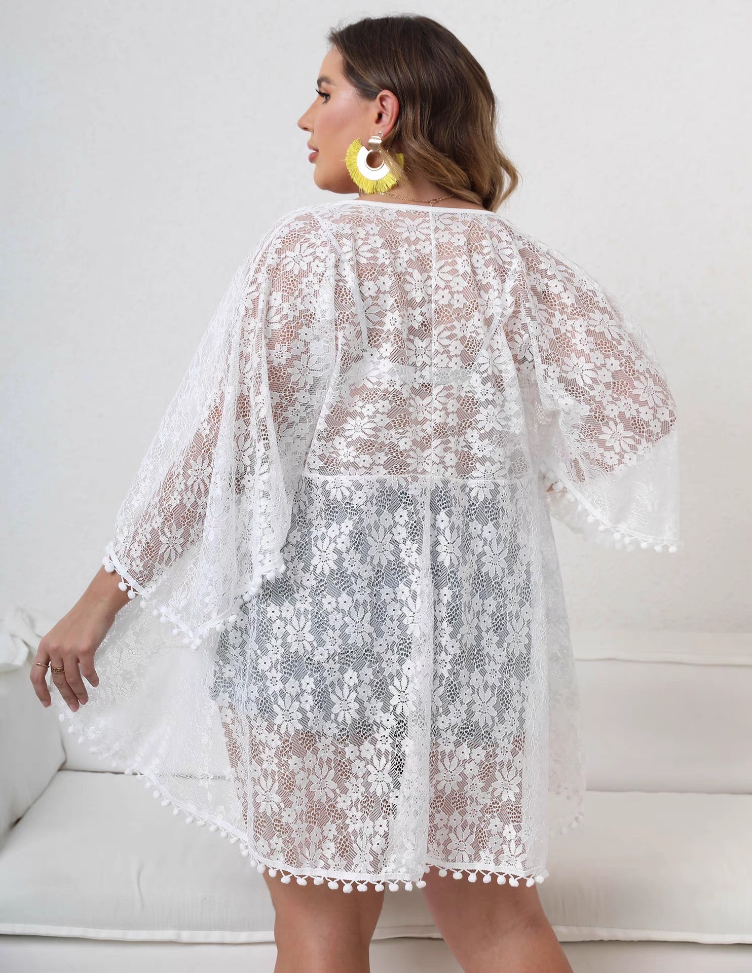 Hot spring beach sexy see-through lace shirt with sun protection coat plus size swimsuit bikini outside cardigan