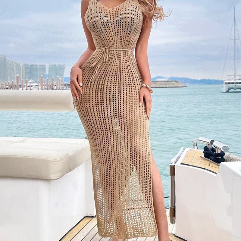 Knitted wispy backless beach smock sexy vacation dress sunblock bikini smock