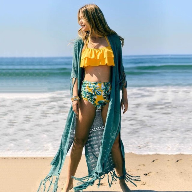 Knitted fringe beach smock sexy cardigan hollowed-out holiday long skirt bikini smock