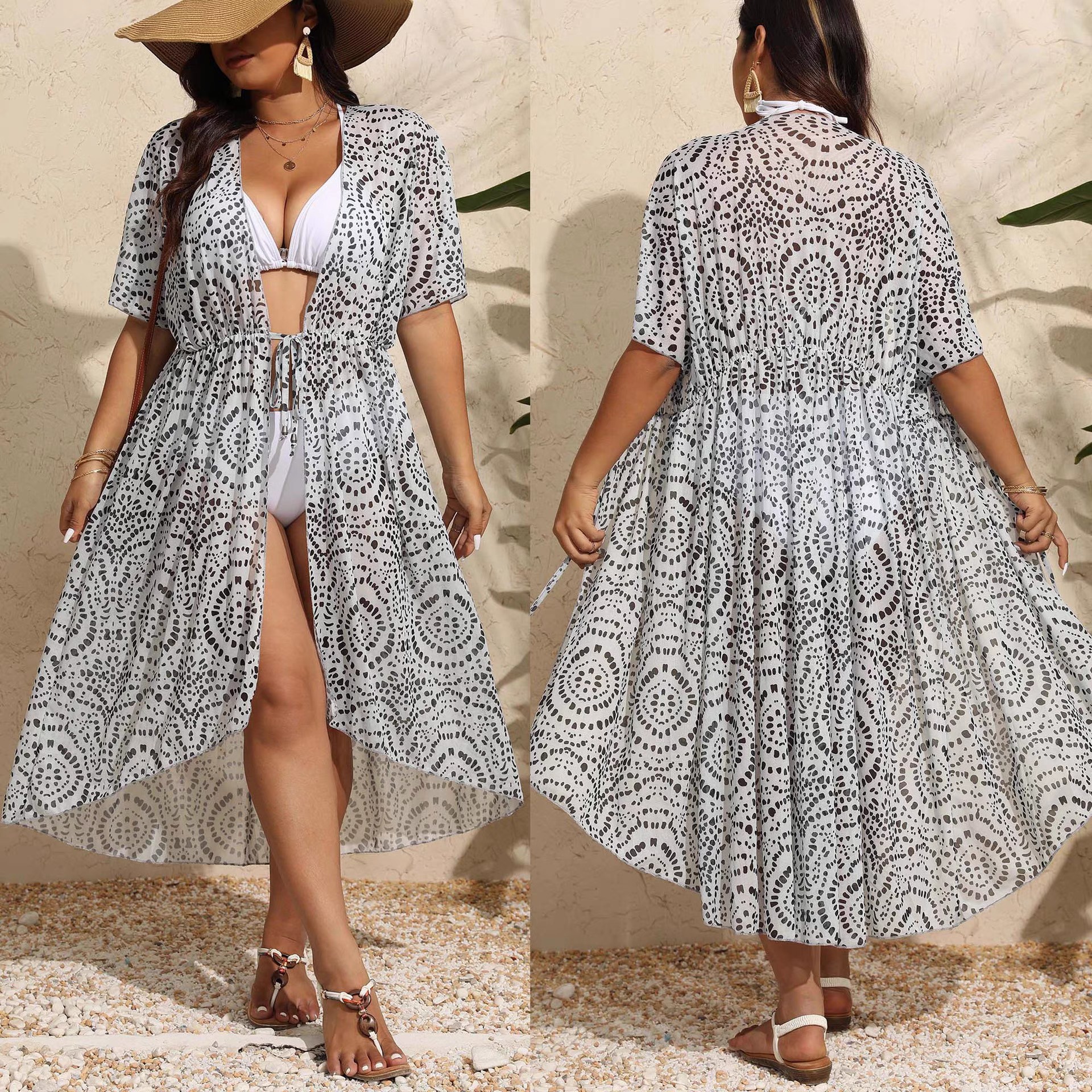 Plus size swimsuit with a robe cardigan irregular long lace-up beach sunscreen bikini with a smock