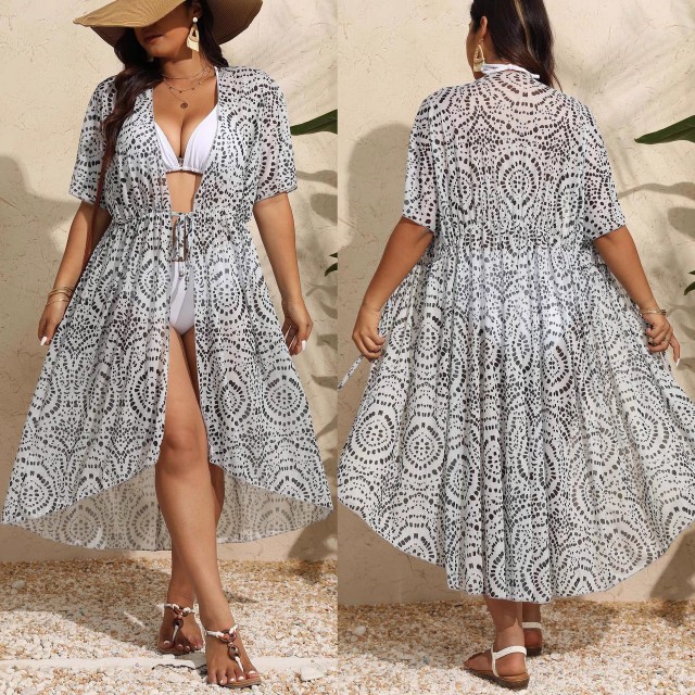 Plus size swimsuit with a robe cardigan irregular long lace-up beach sunscreen bikini with a smock