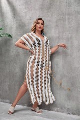 Plus size new beach long dress hand hook hollow-out sexy matching color sunscreen smock knitted bikini smock