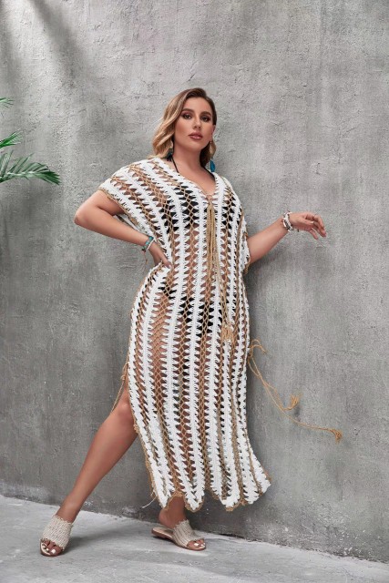 Plus size new beach long dress hand hook hollow-out sexy matching color sunscreen smock knitted bikini smock