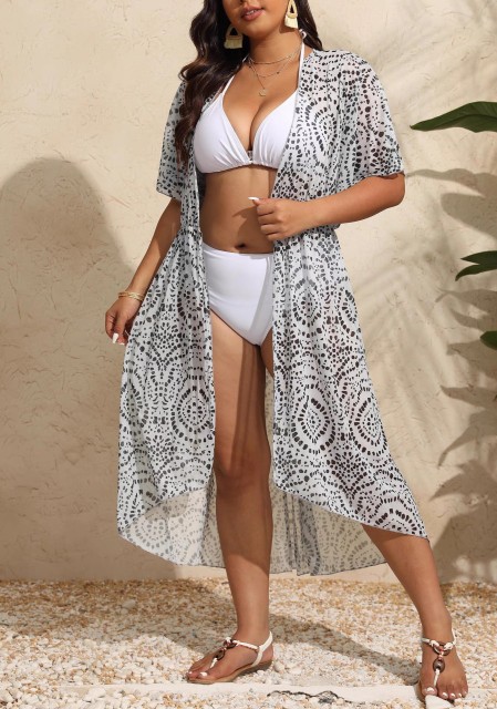 Plus size swimsuit with a robe cardigan irregular long lace-up beach sunscreen bikini with a smock
