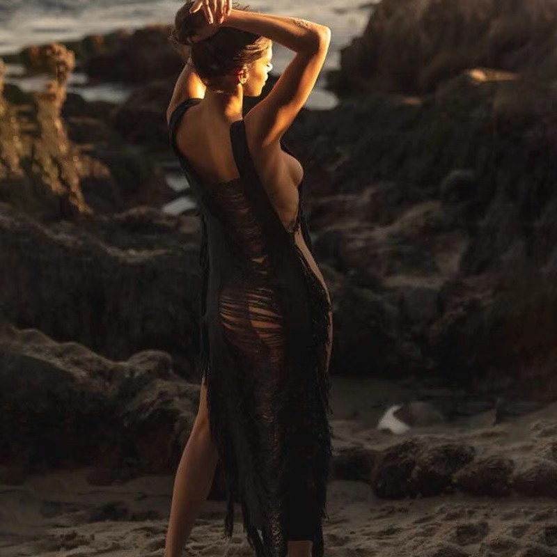 Knitted fringe irregular beach skirt swimsuit over a bikini smock skirt