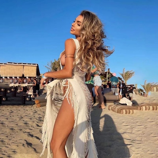 Knitted fringe irregular beach skirt swimsuit over a bikini smock skirt