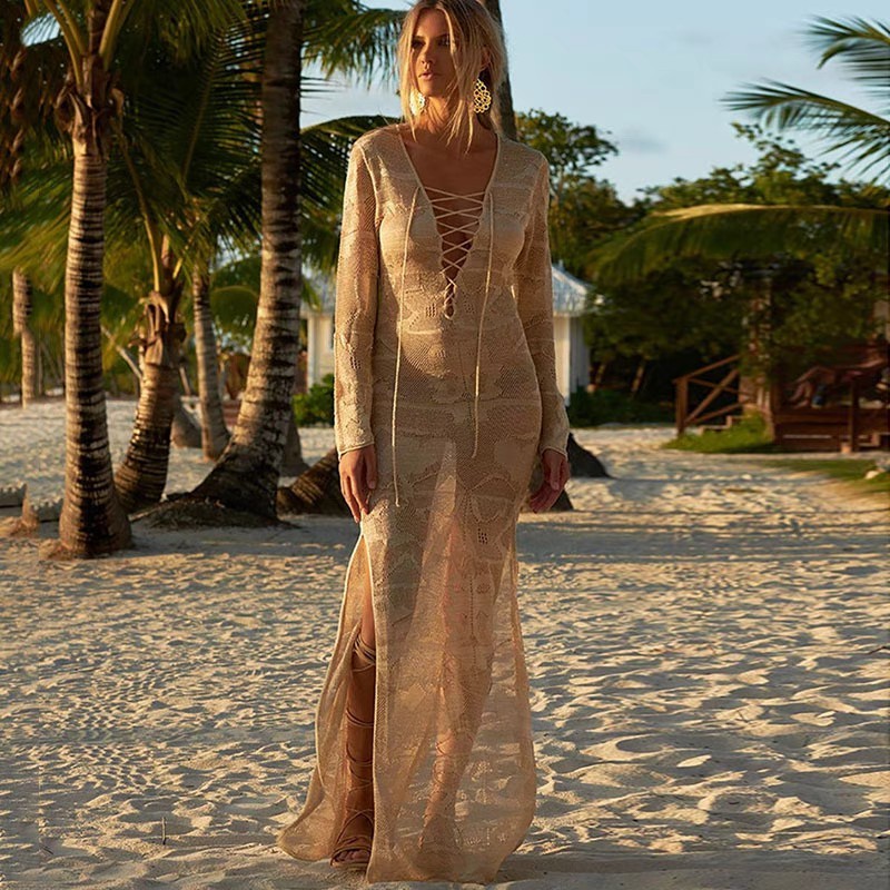Knitted Sun protection beach party dress long skirt sexy lace-up beach dress lady