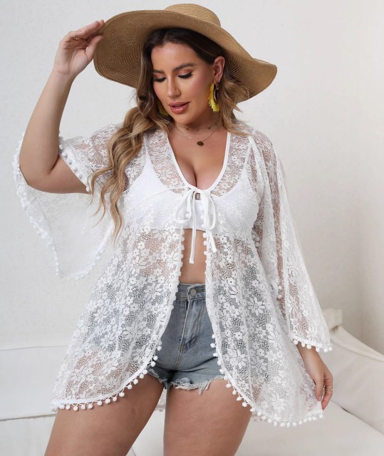 Hot spring beach sexy see-through lace shirt with sun protection coat plus size swimsuit bikini outside cardigan