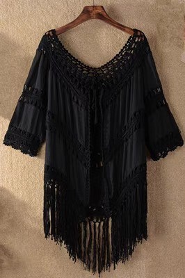 Hand-crochet patchwork tassel lace-up cut-out swimsuit over a sunblock bikini smock