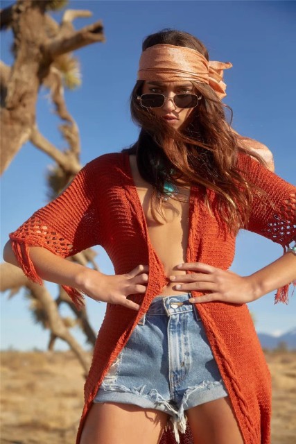 Knitted fringe beach smock sexy cardigan hollowed-out holiday long skirt bikini smock