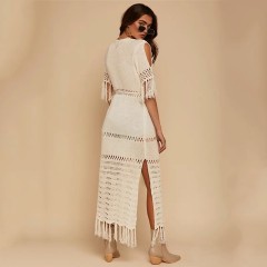 Knitted fringe beach smock sexy cardigan hollowed-out holiday long skirt bikini smock