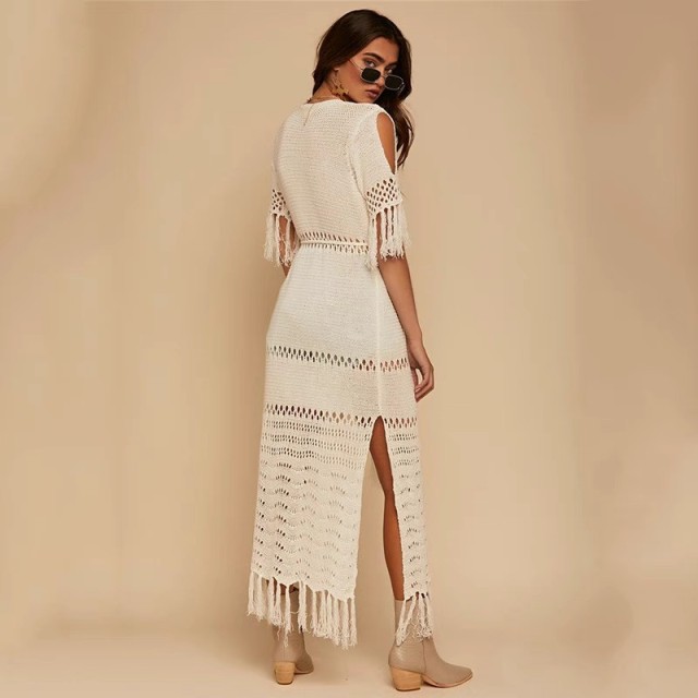 Knitted fringe beach smock sexy cardigan hollowed-out holiday long skirt bikini smock
