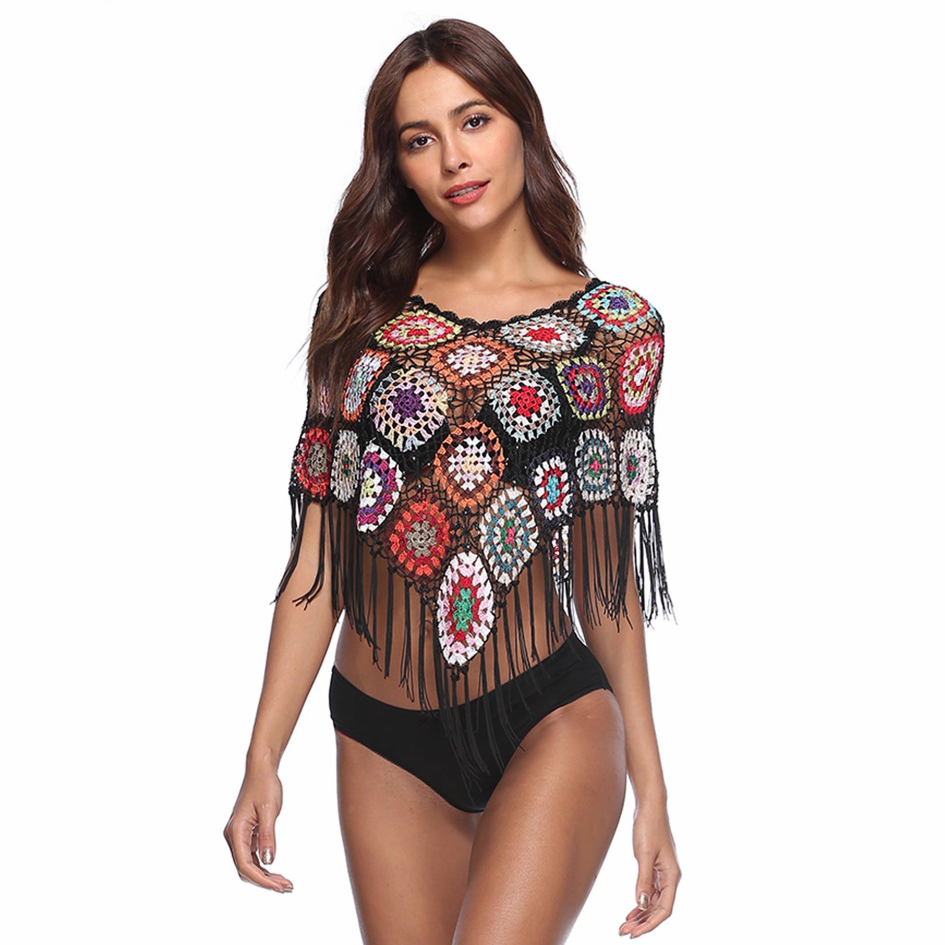 Seaside knitted patchwork fringe flower block beach swimsuit with all-in-one triangle scarf top bikini smock