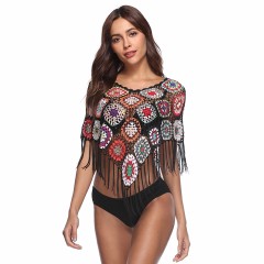 Seaside knitted patchwork fringe flower block beach swimsuit with all-in-one triangle scarf top bikini smock