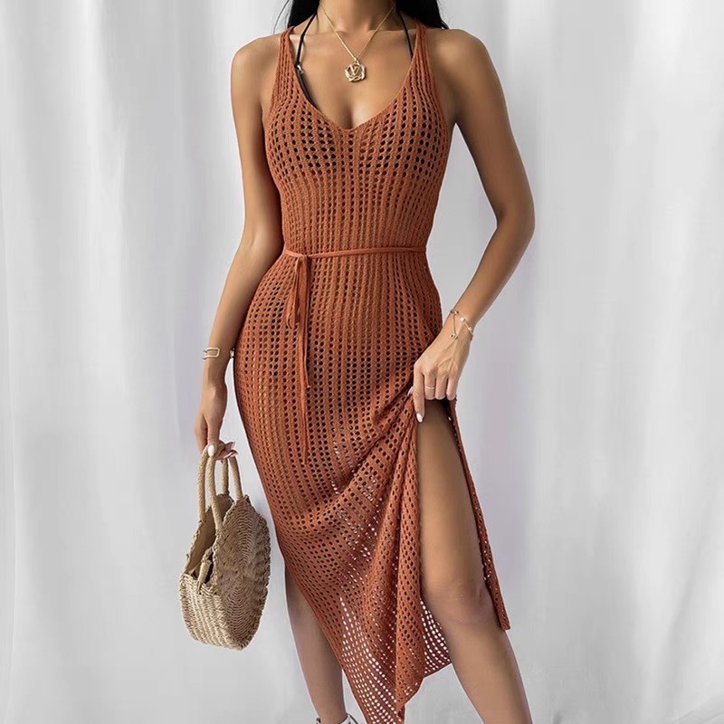Knitted wispy backless beach smock sexy vacation dress sunblock bikini smock